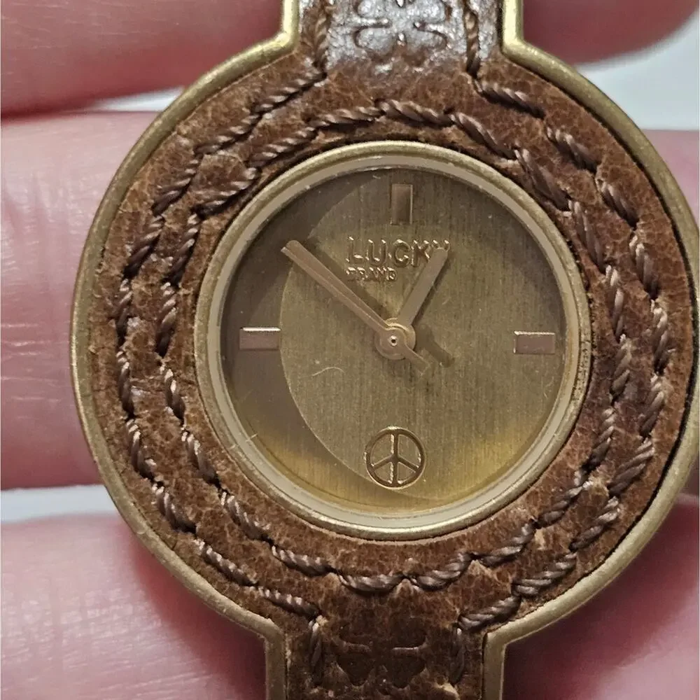 Lucky Brand Womens Boho Peace Sign Watch Brown Leather Gold Tone‎ Vintage